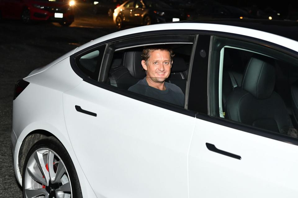 <p>Alex Winter is all smiles at a drive-in screening of his movie <i>Bill & Ted Face the Music</i> on Thursday at Mission Tiki Drive-In Theater in Montclair, Calif. </p>