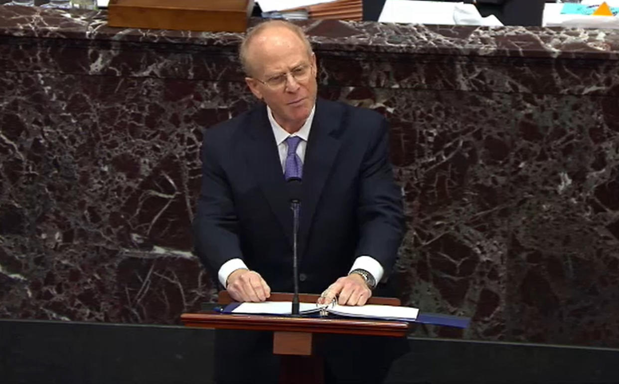 WASHINGTON, DC - FEBRUARY 12: In this screenshot taken from a congress.gov webcast, former President Donald Trump's defense attorney David Schoen speaks on the fourth day of former President Donald Trump's second impeachment trial at the U.S. Capitol on February 12, 2021 in Washington, DC. House impeachment managers will make the case that Trump was “singularly responsible” for the January 6th attack at the U.S. Capitol and he should  be convicted and barred from ever holding public office again. (Photo by congress.gov via Getty Images)