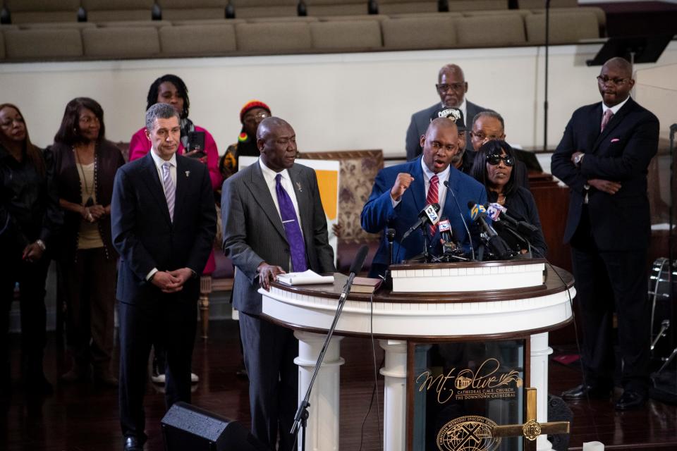 Van Turner, the president of the Memphis branch of NAACP, chants “Tyre Nichols” as members of Tyre Nichols’ family and lawyers representing the family repeat it behind him during a press conference at Mt. Olive Cathedral CME Church in Memphis, Tenn., on Monday, January 23, 2023. 