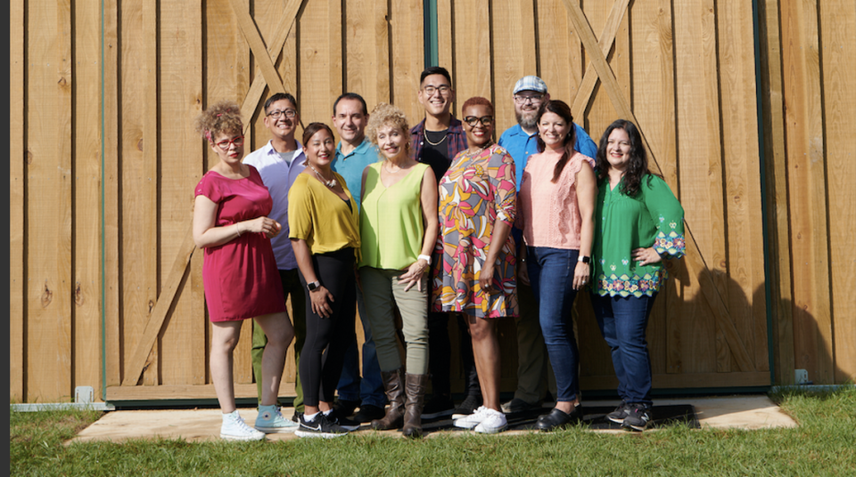 Morro Bay resident Silvia Martinez, far right in green shirt, poses for a picture with her fellow contestants on “The Great American Recipe.” The new PBS reality competition show premiered June 24, 2022.