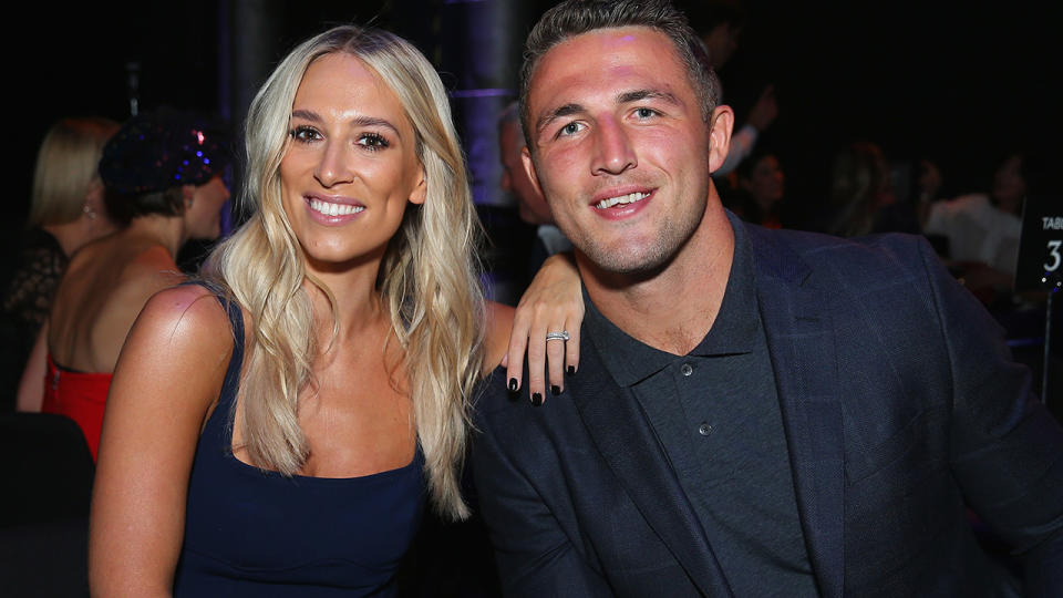 Phoebe Burgess poses alongside husband Sam Burgess after the David Jones Autumn Winter 2018. (Photo by Don Arnold/WireImage)