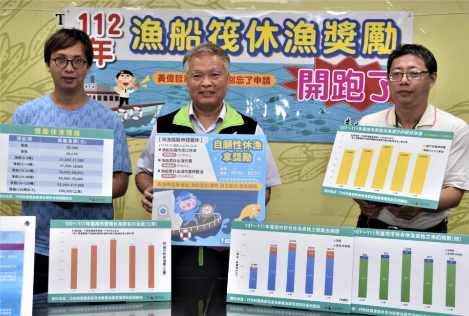 台南市漁港所組長吳榮在（圖中）籲請漁民踴躍申請休漁獎勵金。（記者翁聖權攝）