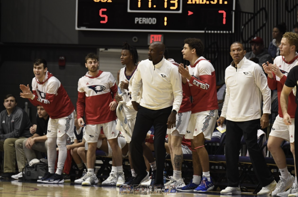 Coach Stan Gouard and the USI bench watch the game against Indiana State.