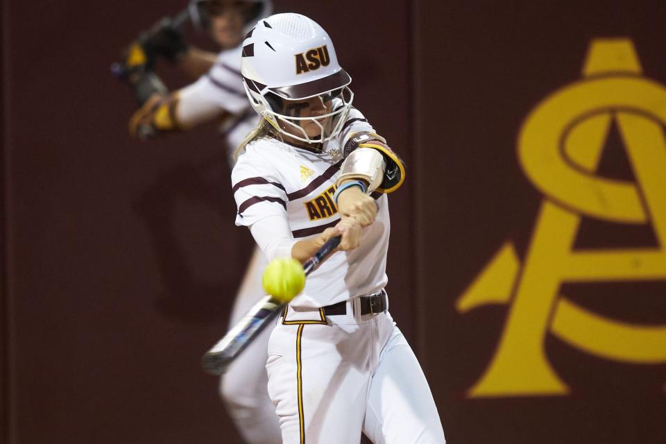 Arizona State infielder Halle Harger makes contact with the ball during a regional game against Cal State Fullerton on May 20. The No. 8 seeded Sun Devils advanced to super regionals and will host No. 9 seed Northwestern.