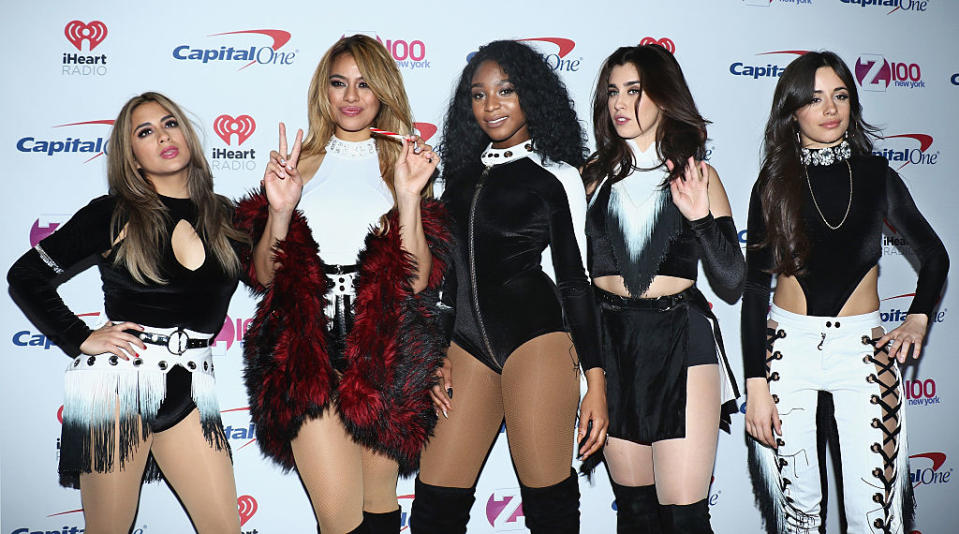 Ally Brooke, Dinah Jane, Normani, Lauren Jauregui, and Camila Cabello on the Z100 iHeartRadio red carpet in stylish black and white outfits