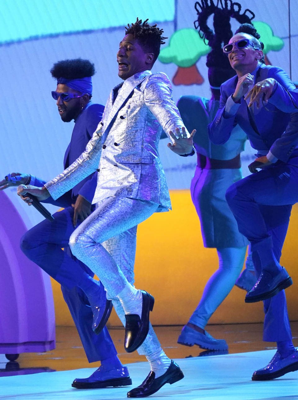 Jon Batiste performs "Freedom" at the 64th Annual Grammy Awards on Sunday, April 3, 2022, in Las Vegas. (AP Photo/Chris Pizzello)