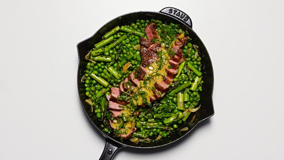This mustard sauce is meant to have some zing, but if you want less heat, swap smoked paprika for the cayenne. <a rel="nofollow noopener" href="https://www.bonappetit.com/recipe/one-skillet-steak-and-spring-veg-with-spicy-mustard?mbid=synd_yahoo_rss" target="_blank" data-ylk="slk:See recipe.;elm:context_link;itc:0;sec:content-canvas" class="link ">See recipe.</a>