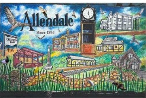 The proposed three-dimensional replacement mural will feature images of (clockwise from the top) the borough clock, the Fell House, Allendale Bar & Grill, Highlands Presbyterian Church, the train station, Grand Stand Field and the Celery Farm wildlife preserve.