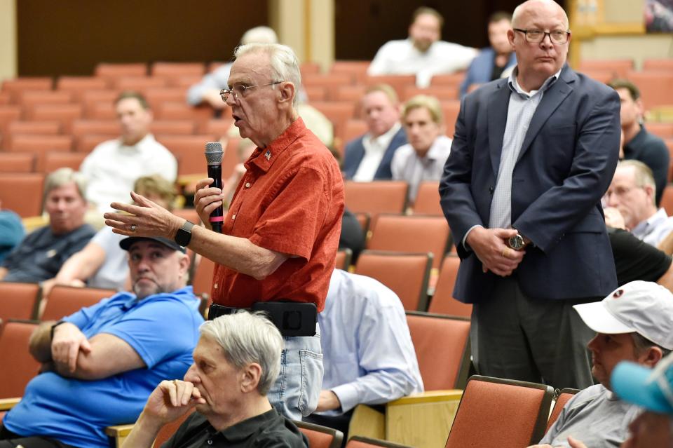 Southside resident George Carroll asked Mayor Deegan about the possibility of having a citizens referendum on the proposed stadium deal during Wednesday evenings community presentation. About 250 people gathered in the auditorium at Mandarin High School Wednesday evening, May 15, 2024 to hear Jacksonville Mayor Donna Deegan, Jaguars President Mark Lamping, and the city's lead negotiator Mike Weinstein as they hosted the first of the planned town hall meetings with residents about the proposed deal between the city and the Jaguars to renovate the stadium.