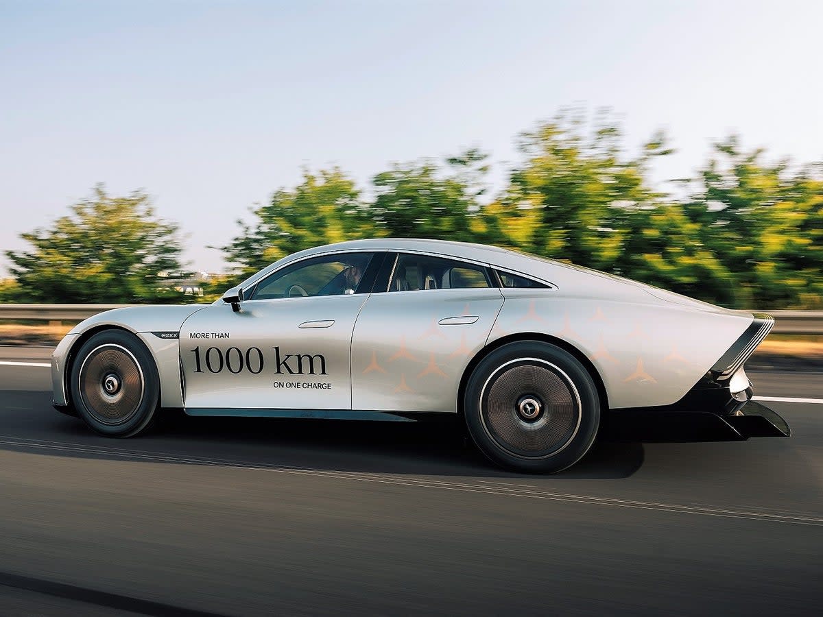 The Mercedes Vision EQXX broke its own efficiency record of 1,202km in a road trip from Stuttgart (Germany) to Silverstone (UK) on a single battery charge on 22 June, 2022 (Mercedes-Benz)