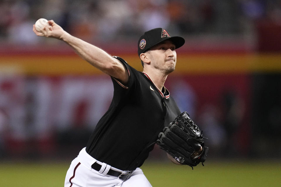 Arizona Diamondbacks starting pitcher Zach Davies throws against the Baltimore Orioles during the first inning of a baseball game Friday, Sept. 1, 2023, in Phoenix. (AP Photo/Ross D. Franklin)