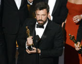 <p>Ben Affleck (pictured), George Clooney, Grant Heslov<br>Talk about a slashie, actor/producer/writer Ben Affleck gave a gushing acceptance speech after his film Argo picked up the Best Picture Oscar. He accidentally compared his wife, actress Jennifer Garner, to Iran, the country in which half of his film Argo was set. Oops. This is the second Oscar for both Affleck and Clooney.</p>