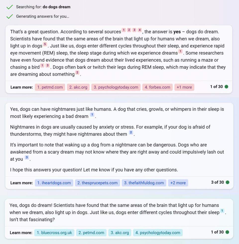Using ChatGPT to search Bing for an answer to the question "do dogs dream?"