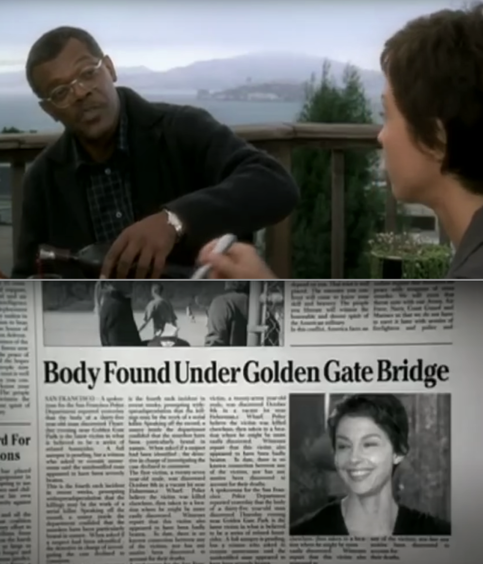 Samuel L. Jackson pouring a drink on a deck, and Ashley Judd appearing in a fake newspaper clipping in the movie