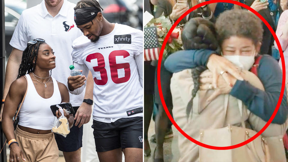 Pictured right, Simone Biles hugs her mum after returning home and at NFL practice to see her boyfriend.