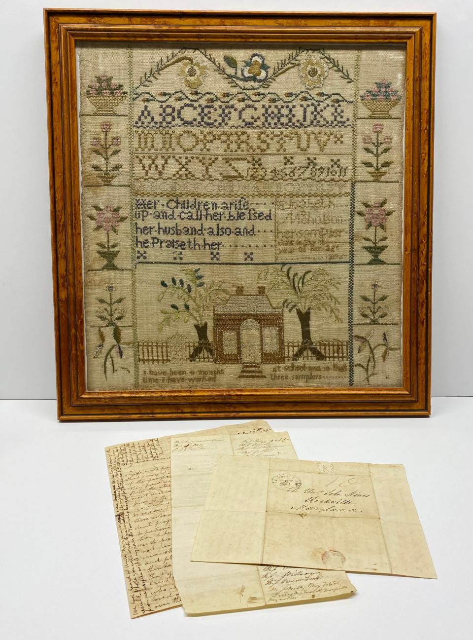 A sampler Elizabeth Nicholson might have stitched during her youth is among the items in the Washington County Historical Society's collection, along with her correspondence.