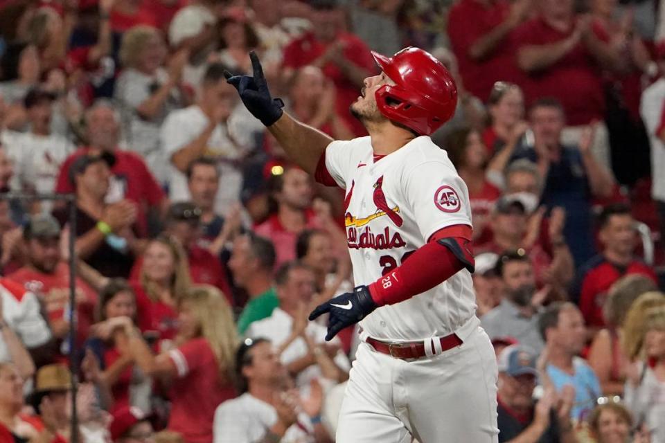 St. Louis Cardinals’ Nolan Arenado celebrates after hitting a solo home run a game against the Milwaukee Brewers in 2021 in St. Louis. As the Cardinals continue to struggle in 2023, Arenado expressed optimism the team still can turn around their season.