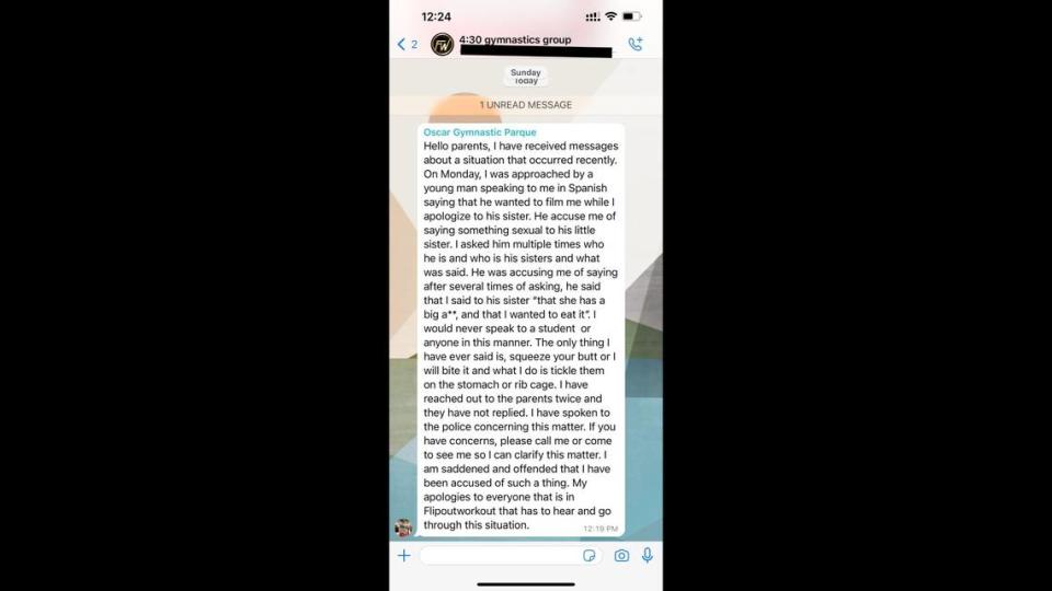 Captura de pantalla del mensaje de Olea en WhatsApp a un grupo de padres de gimnasia.