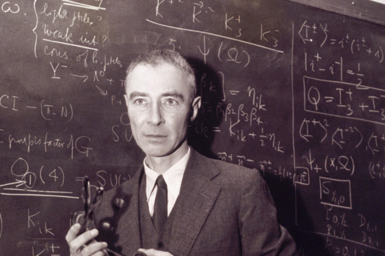 J Robert Oppenheimer Standing at Blackboard Photo by Bettmann Archive/Getty Images