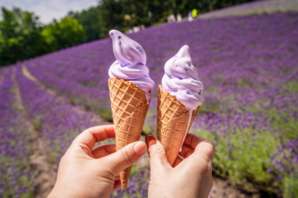 Close-up of two lavender ice cream cones via Getty Images