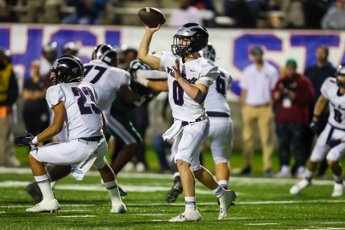 White Knoll Timberwolves quarterback Landon Sharpe (0) passes during the 5A State Championship Game Friday, Dec. 1, 2023, at South Carolina State’s Oliver Dawson Stadium in Orangeburg, SC.