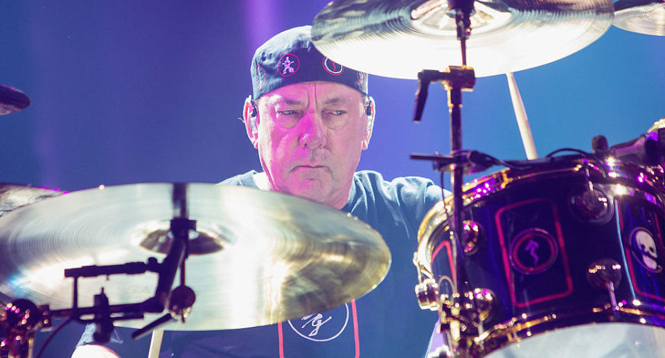 Neil Peart of Rush performs on stage during the R40 LIVE Tour at KeyArena on July 19, 2015 in Seattle, Washington.  (Photo by Mat Hayward/Getty Images)