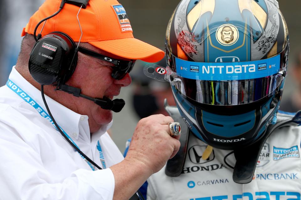 Chip Ganassi talks with Chip Ganassi Racing driver Alex Palou (10) Saturday, May 22, 2021, during qualifying for the 105th running of the Indianapolis 500 at Indianapolis Motor Speedway. 