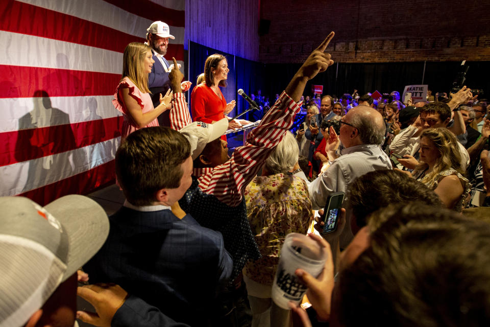 Republican U.S. Senate candidate Katie Britt speaks to supporters after securing the nomination during a runoff against Mo Brooks on Tuesday, June 21, 2022, in Montgomery, Ala. (AP Photo/Butch Dill)