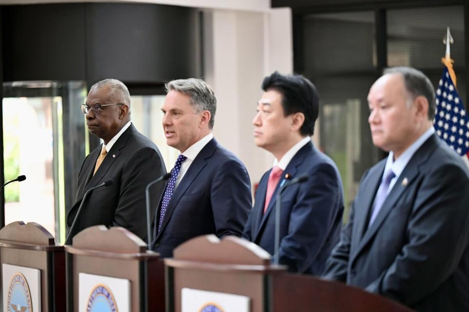 左起：美國、澳大利亞、日本、菲律賓國防部長。   圖：翻攝自美國國防部長奧斯汀Ｘ