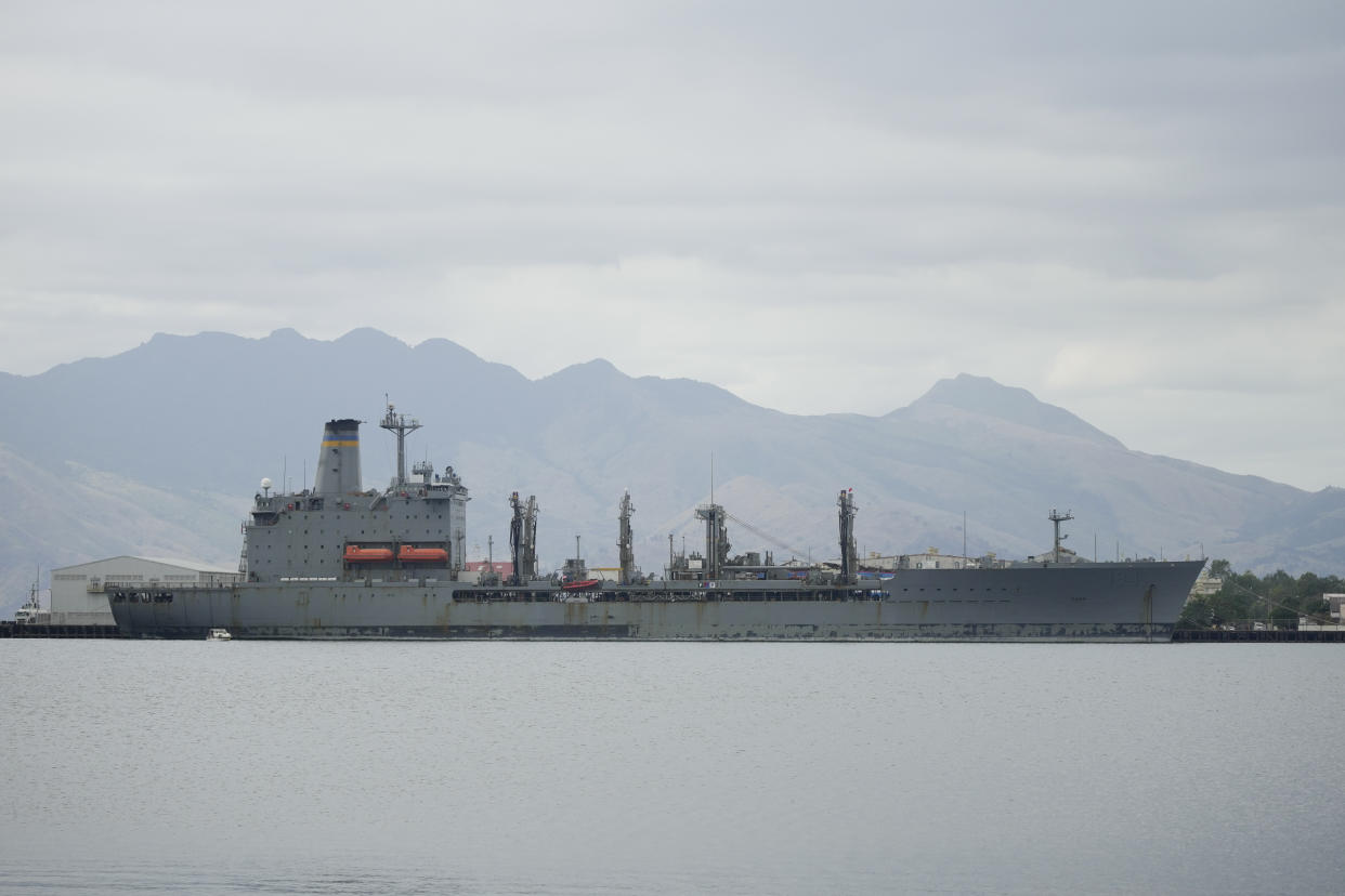 The USNS John Ericsson American supply ship is docked in what used to be America's largest overseas naval base at the Subic Bay Freeport Zone, Zambales province, northwest of Manila, Philippines on Monday Feb. 6, 2023. The U.S. has been rebuilding its military might in the Philippines after more than 30 years and reinforcing an arc of military alliances in Asia in a starkly different post-Cold War era when the perceived new regional threat is an increasingly belligerent China. (AP Photo/Aaron Favila)