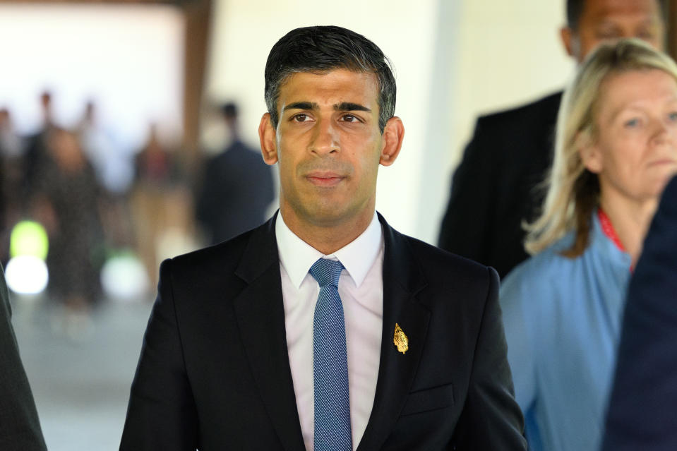 NUSA DUA, INDONESIA - NOVEMBER 16: British Prime Minister Rishi Sunak arrives ahead of an emergency meeting of leaders at the G20 summit following the overnight missile strike by a Russian-made rocket on Poland, on November 16, 2022 in Nusa Dua, Indonesia. The G20 meetings are being held in Bali from November 15-16. (Photo by Leon Neal/Getty Images)