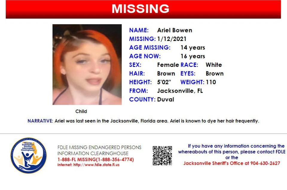 Ariel Bowen was reported missing from Jacksonville on Jan. 12, 2021.