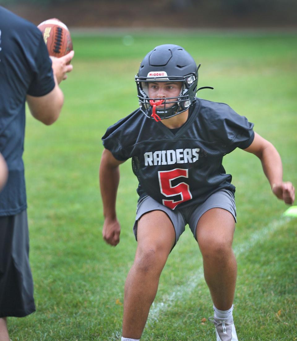 Wide receiver Nate Caldwell.The North Quincy Red Raiders football squad practices at Cavanaugh field on Monday August 22, 2022.