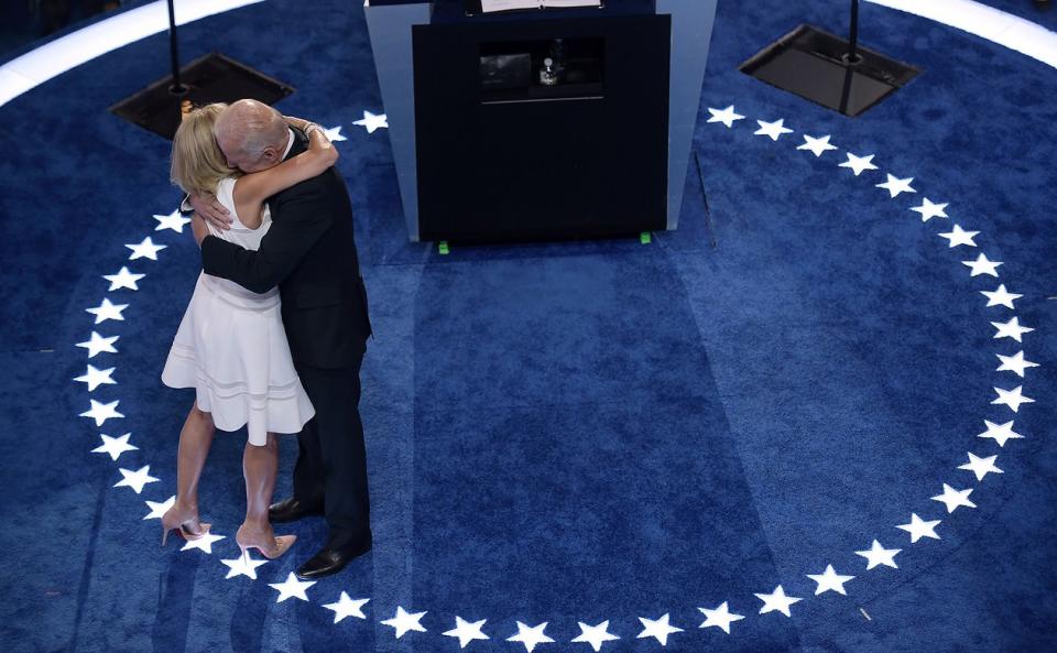 Joe and Jill Biden embrace after his speech at the Democratic National Convention on July 27, 2016.