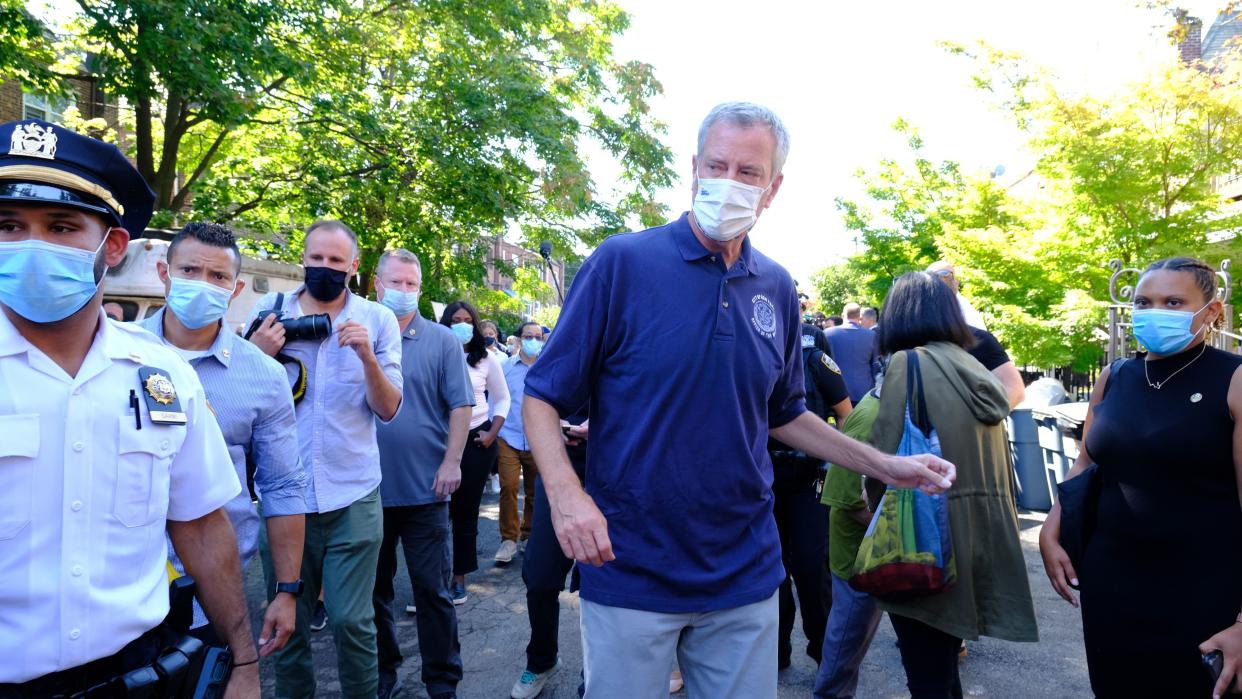 Mayor de Blasio is pictured during a survey of Ida storm damage at 48th Avenue in Woodside, Queens, New York on Sept. 6, 2021.