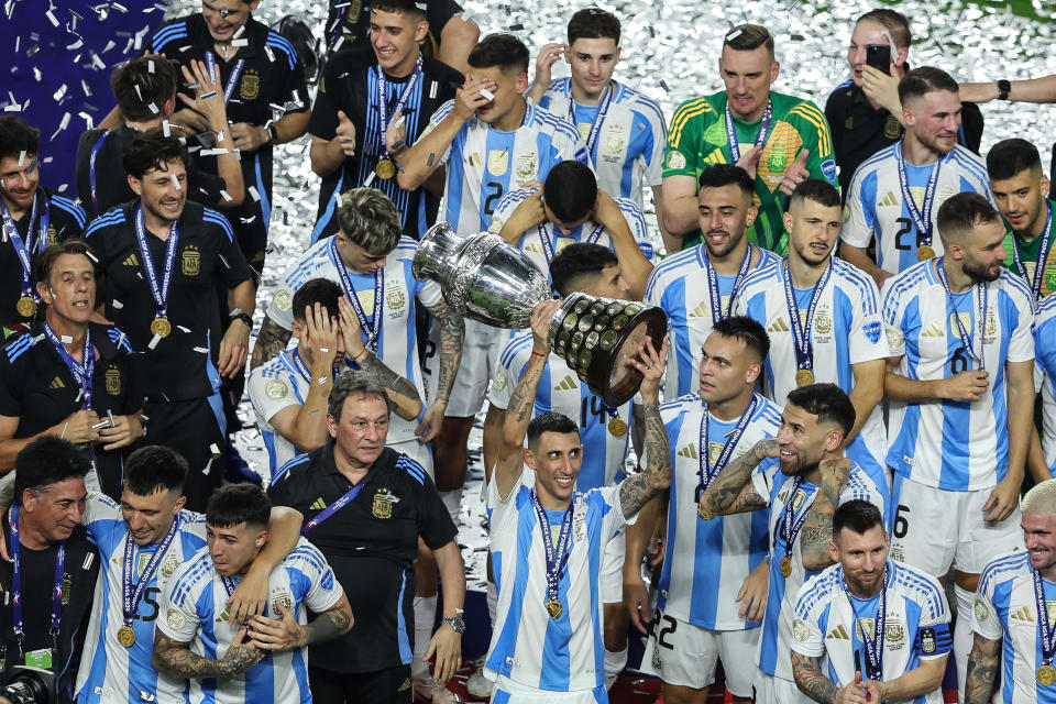 Argentina players celebrate their Copa América victory on Sunday. (Megan Briggs/Getty Images)