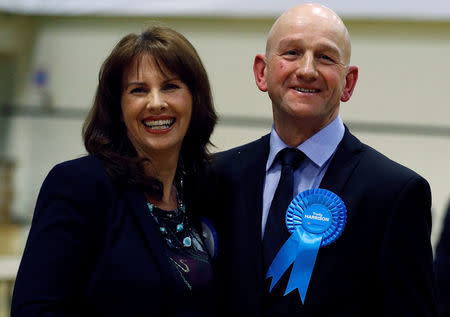 Conservative Party candidate Trudy Harrison stands with her husband Keith after winning the Copeland by-election in Whitehaven, Britain, February 24, 2017. REUTERS/Phil Noble