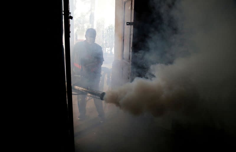 FILE PHOTO: A federal health worker takes part in fumigation to prevent the proliferation of mosquitos that transmit the Dengue fever at the San Lorenzo National School, in a low-income neighbourhood of San Lorenzo