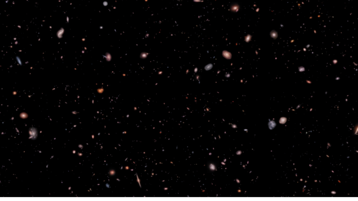  A 3D visualization portrays about 5,000 galaxies within a small portion of the CEERS (Cosmic Evolution Early Release Science) Survey, conducted by the James Webb Space Telescope 