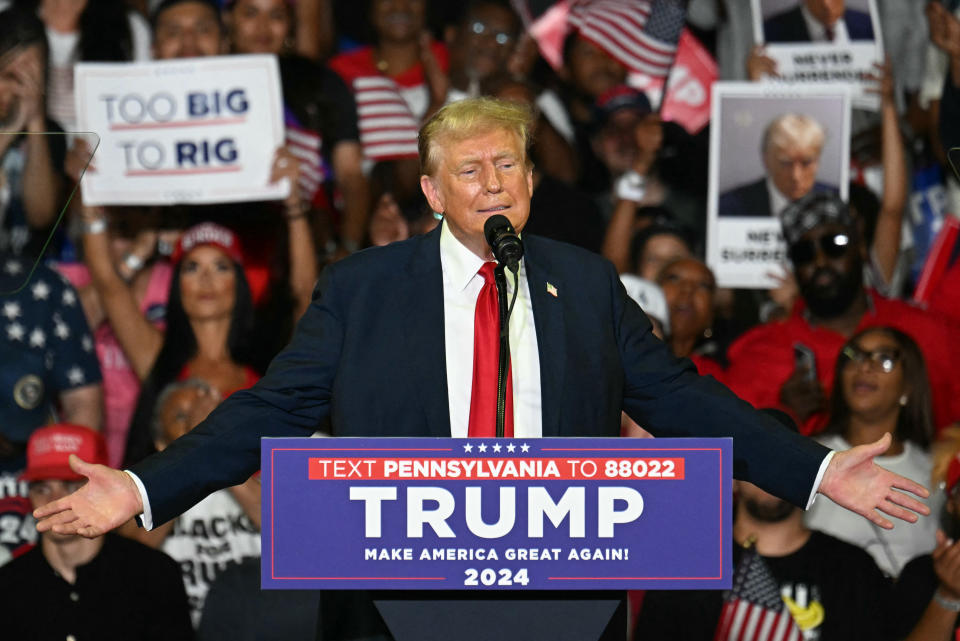TOPSHOT - Former US President and Republican presidential candidate Donald Trump speaks at a rally in Philadelphia on June 22, 2024. (Photo by Jim WATSON / AFP) (Photo by JIM WATSON/AFP via Getty Images)