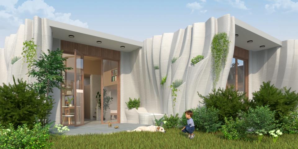 rendering of person and dog outside 3d printed home