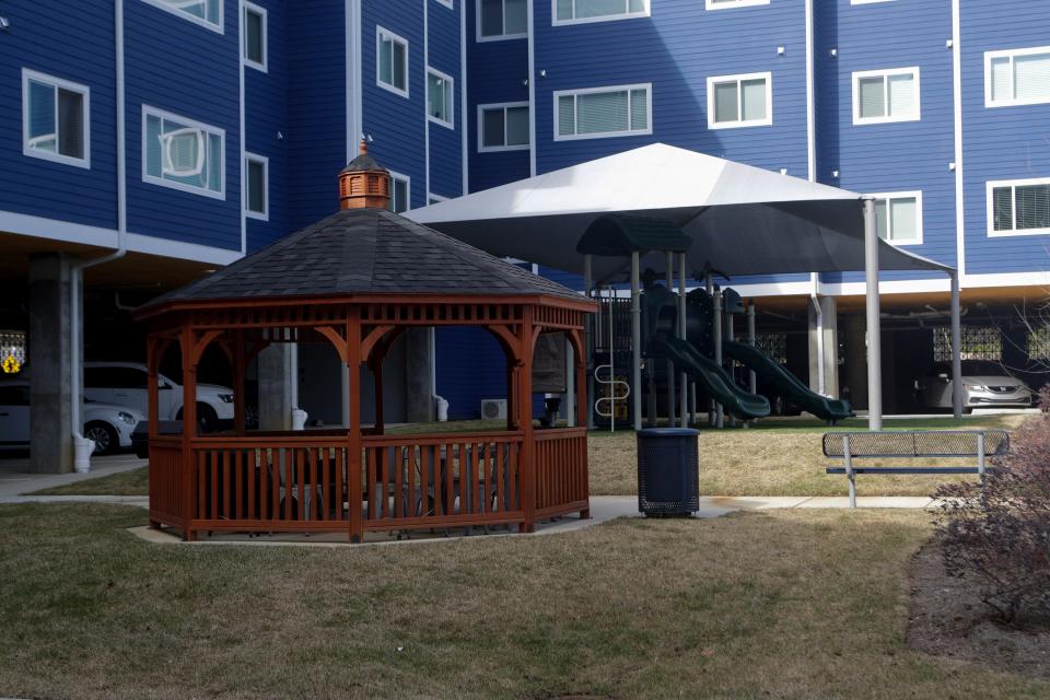 A covered gazebo, playground and bbq picnic area are some of the amenities at Casañas Village Apartments at Frenchtown Square.