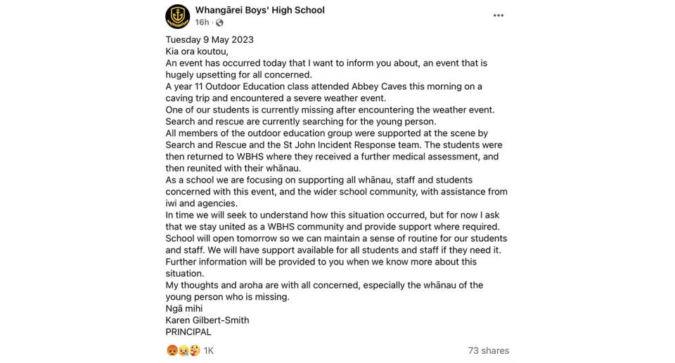 A Facebook post from Whangarei Boys High School, announcing that one of their students is missing.