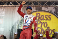 Kyle Larson celebrates in victory lane after winning a NASCAR Cup Series auto race at Bristol Motor Speedway Saturday, Sept. 18, 2021, in Bristol, Tenn. (AP Photo/Mark Humphrey)