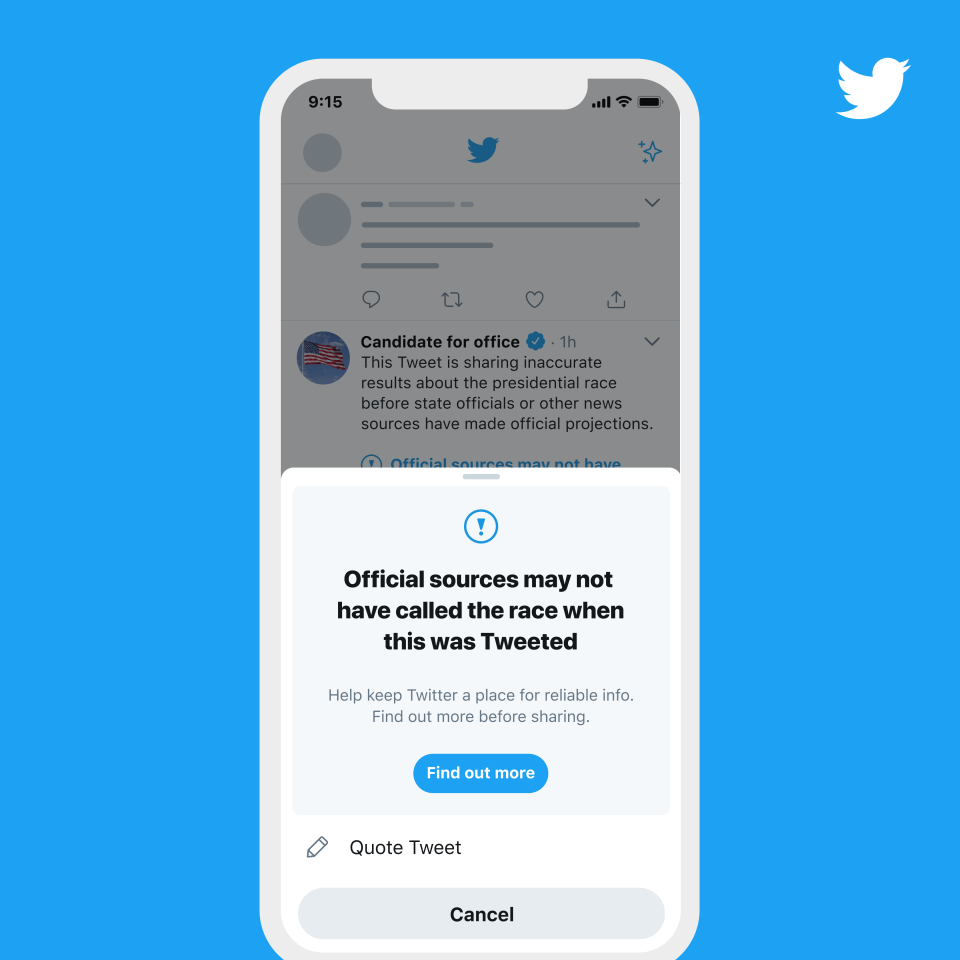 Twitter says it will take additional steps to provide context when election results have not been officially called.