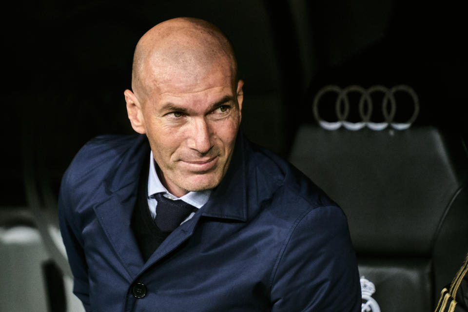 MADRID, SPAIN - MARCH 01: Zinedine Zidane, manager of Real Madrid during the Liga match between Real Madrid CF and FC Barcelona at Estadio Santiago Bernabeu on March 01, 2020 in Madrid, Spain. (Photo by Sonia Canada/Getty Images)