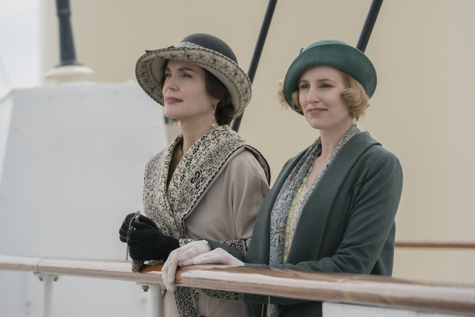 This image released by Focus Features shows Elizabeth McGovern, left, and Laura Carmichael in a scene from "Downton Abbey: A New Era." (Ben Blackall/Focus Features via AP)