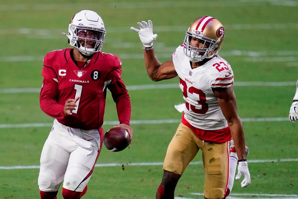 Kyler Murray scrambles against the 49ers. The Arizona Cardinals reportedly have an addendum in Murray's contract, requiring him to watch at least four hours of video via independent study. ROSS D. FRANKLIN/The Associated Press