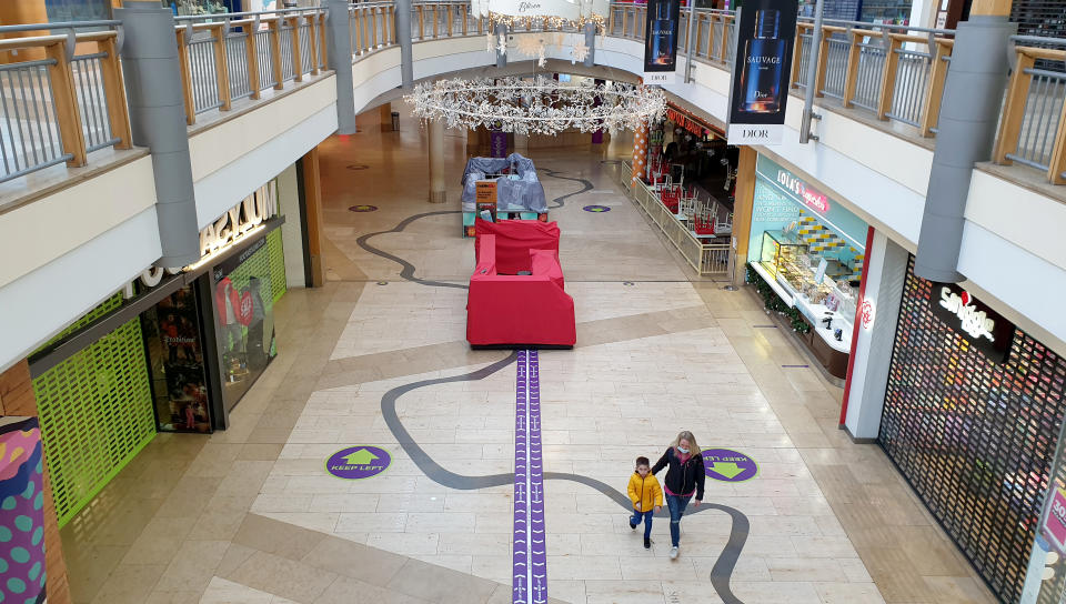 Usually-busy shopping centres like Bluewater in Kent were also left empty after the new tighter restrictions came into force on Sunday. (PA)