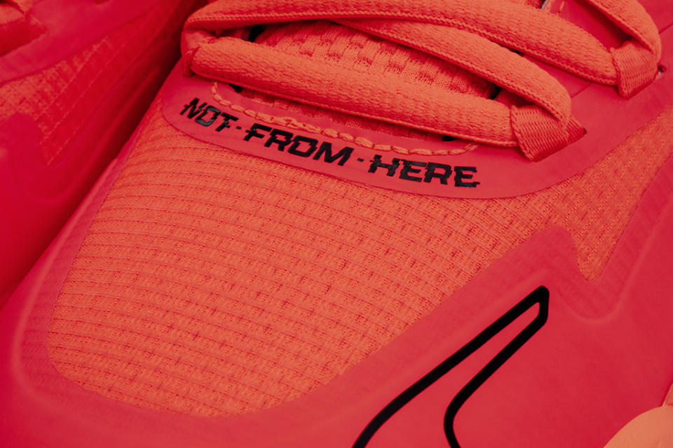 The phrase “Not From Here” on the upper of the Puma MB.01. - Credit: Courtesy of Puma